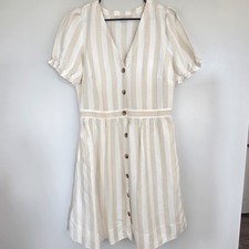 Loft Women Dress 6 Cream Striped Linen Blend Short Sleeve Vneck Button Midi.D145