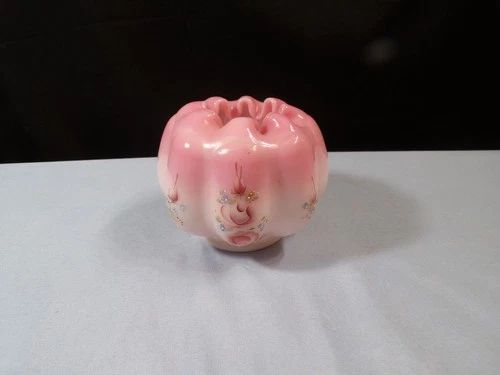 Fenton Hand Painted Pink Rosalene Glass Rose Bowl Vase - Pink Roses Design