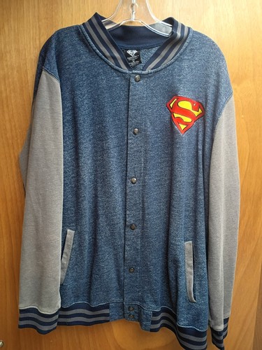 SuperMan XL Snap Jacket Cotton Blend Embriodered Patch Patch Blue/Grey - Picture 4 of 5