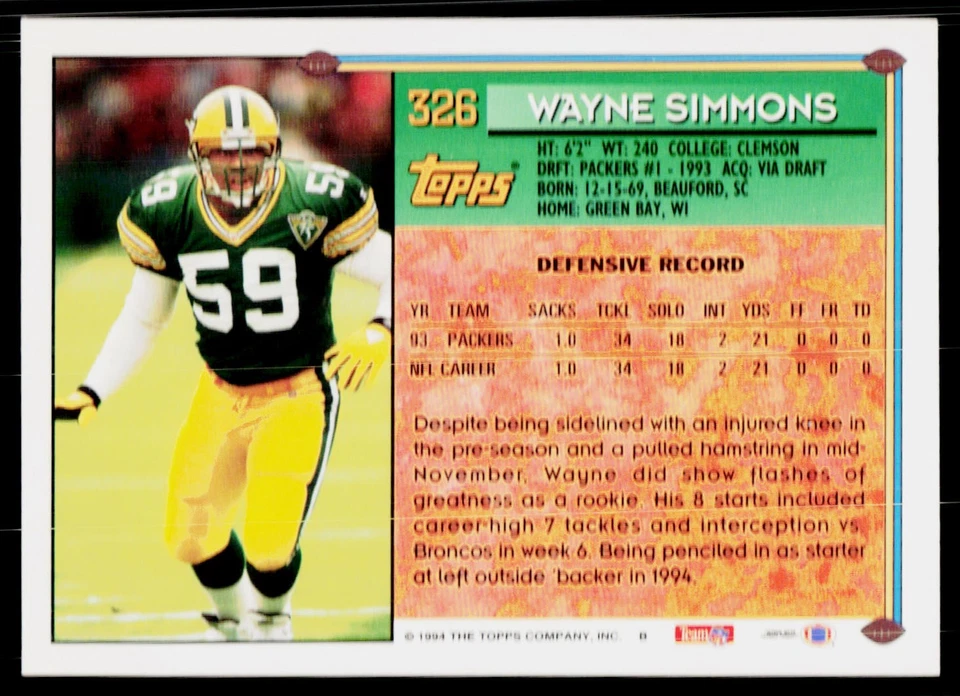 Wayne Simmons, 1994 Topps Football Card, #326, Green Bay Packers, - Image 2 of 2