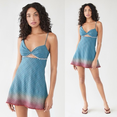 #ad #ad AREA NYC Crystal Embellished Twist Cup Plaid Wool Aqua Ombre Mini Dress Sz 8 $599.00