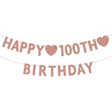 Rose Gold 100th Birthday Banner, Glitter Happy 100 Years Old Woman ROSE-HAPPY