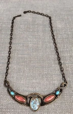 Vtg Signed Caroline Emmons Aqua & Coral  Faux Turquoise Necklace 18” A3