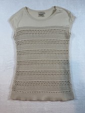 LOFT Women's SWEATER Knitted Cap Sleeves Ivory Cream Cotton Size Medium Boho