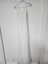 White Lace Sleeveless V Neck Sheath Maxi Wedding Dress with Corset Back