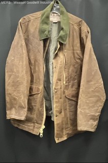 Filson Men's Tan Waxed Tin Cloth Cruiser Jacket Green Collar Made in USA Sz XL