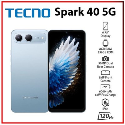 (New) TECNO Spark 40 5G 8GB+256GB BLUE Dual SIM Unlocked Android Cell Phone
