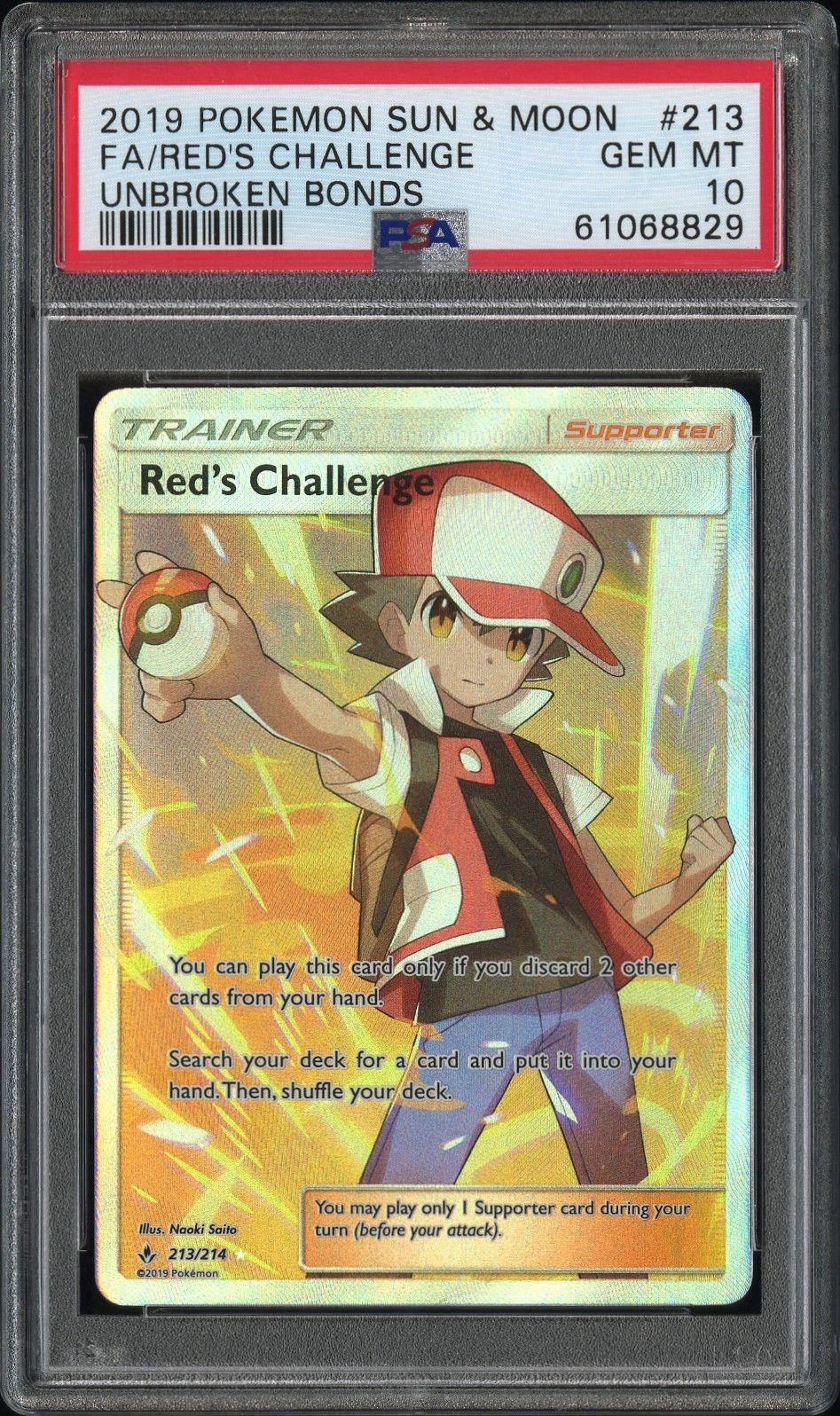 2019 POKEMON SUN & MOON UNBROKEN BONDS #213 FULL ART/RED'S CHALLENGE PSA 10