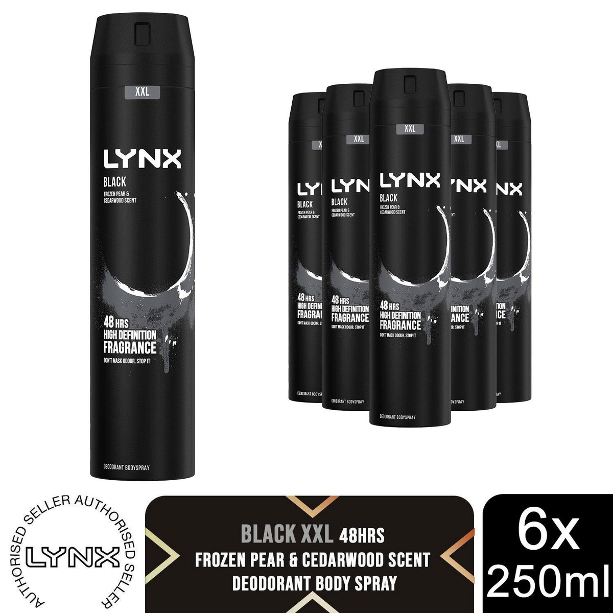 Lynx XXL Black Body Spray 250ml 6 Pack Mens Deodorant 48H Pear