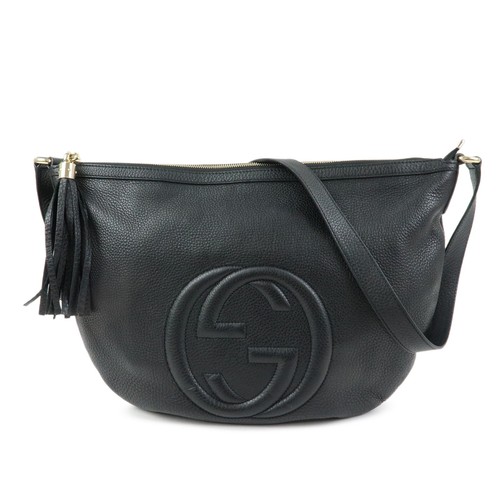 GUCCI Interlocking G Leather Shoulder Bag Fringe Black 295175 Authentic Used F/S