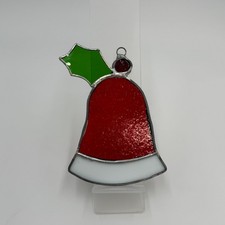 Stained Glass Christmas Bell Ornament Holly Red White Green Hanging Decor