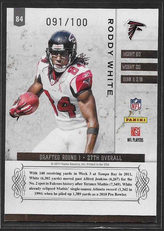 2011 Panini Plates and Patches Silver #84 Roddy White #'d/100 - Image 2 of 2