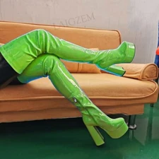 Women Thigh High Boots Height Increase Side Zip Block High Heels Over Knee Shoes