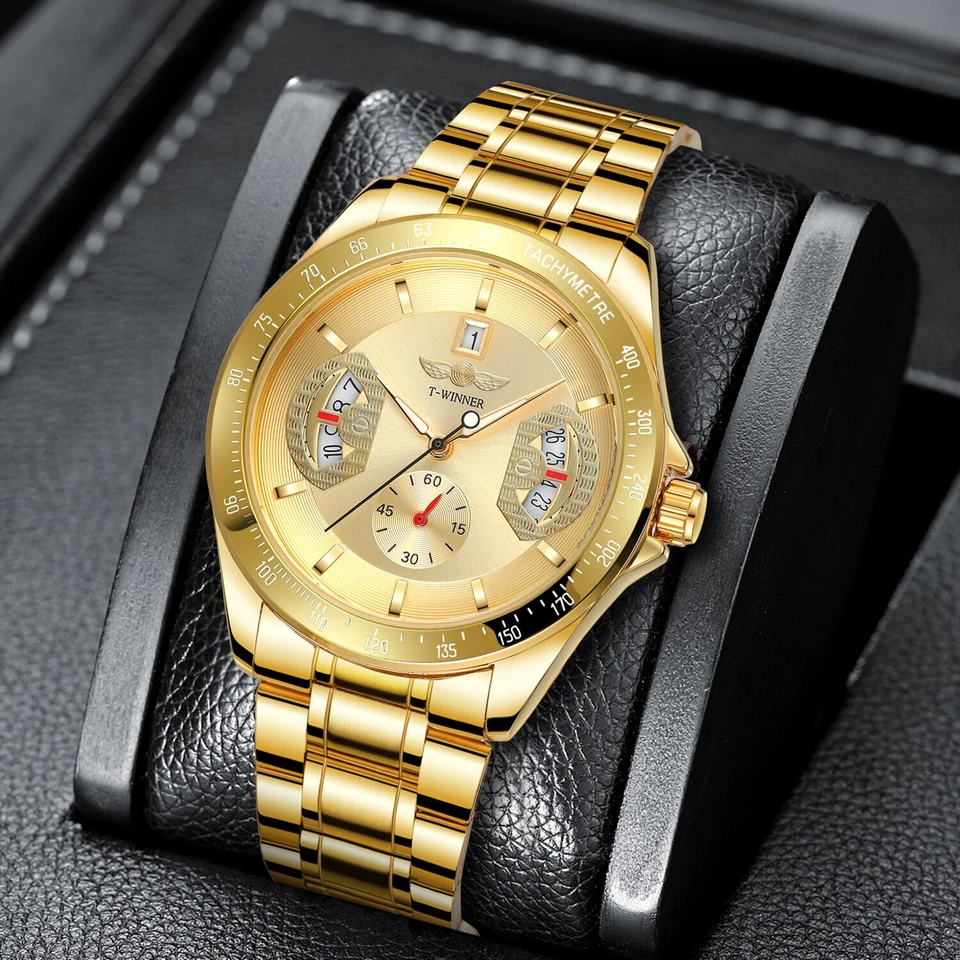 WINNER Gold Automatic Date Fashion Stainless Steel Strap Men's Mechanical Watch - Image 2 of 4