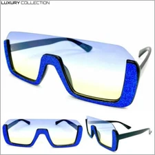 Classy Elegant Retro Modern Shield SUNGLASSES Funky Black Frame Blue Yellow Lens