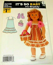 Simplicity Pattern # A2108 - 18" Doll Clothes - Dress, Vest, Bag - NEW