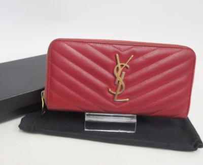 Authentic YSL Saint Laurent Leather V stitch Zip Around Long