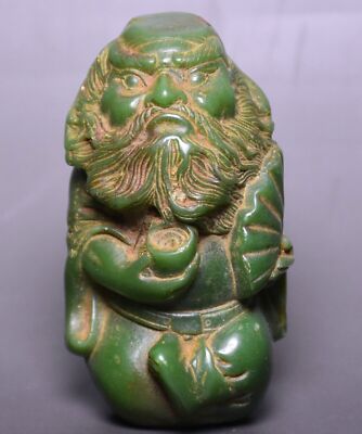 ♥中国♥　緑石　♥石♥　彫刻　♥猿　置物　とても古い　骨董　古玩 8CM Old Chinese Green Jade Palace Zhongkui God Rocking Fan Cup