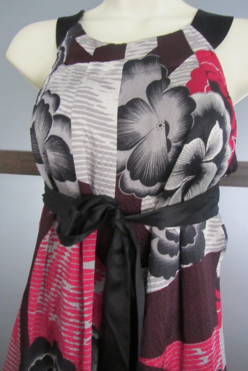 Ted Baker Dress Black Red W Print Floral Trapeze SILK Ted Sz 2 US