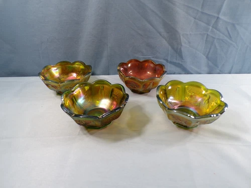 Set of 4 Northwood Green Carnival Glass Singing Birds Berry Sauce Bowls