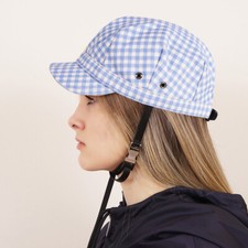 XS NEW 590 PRADA Woman's RUNWAY Print Blue Gingham Cotton Chin Strap Cap HAT