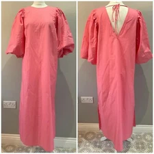 H&M Puff-Sleeved XS Dress SOLD OUT Midi Oversized NWT Tie Neck Pink Coral Bow