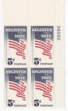 STAMP US SCOTT 1249 "Register Vote" 5 CENT 1964 MNH PB OF 4 UR - E