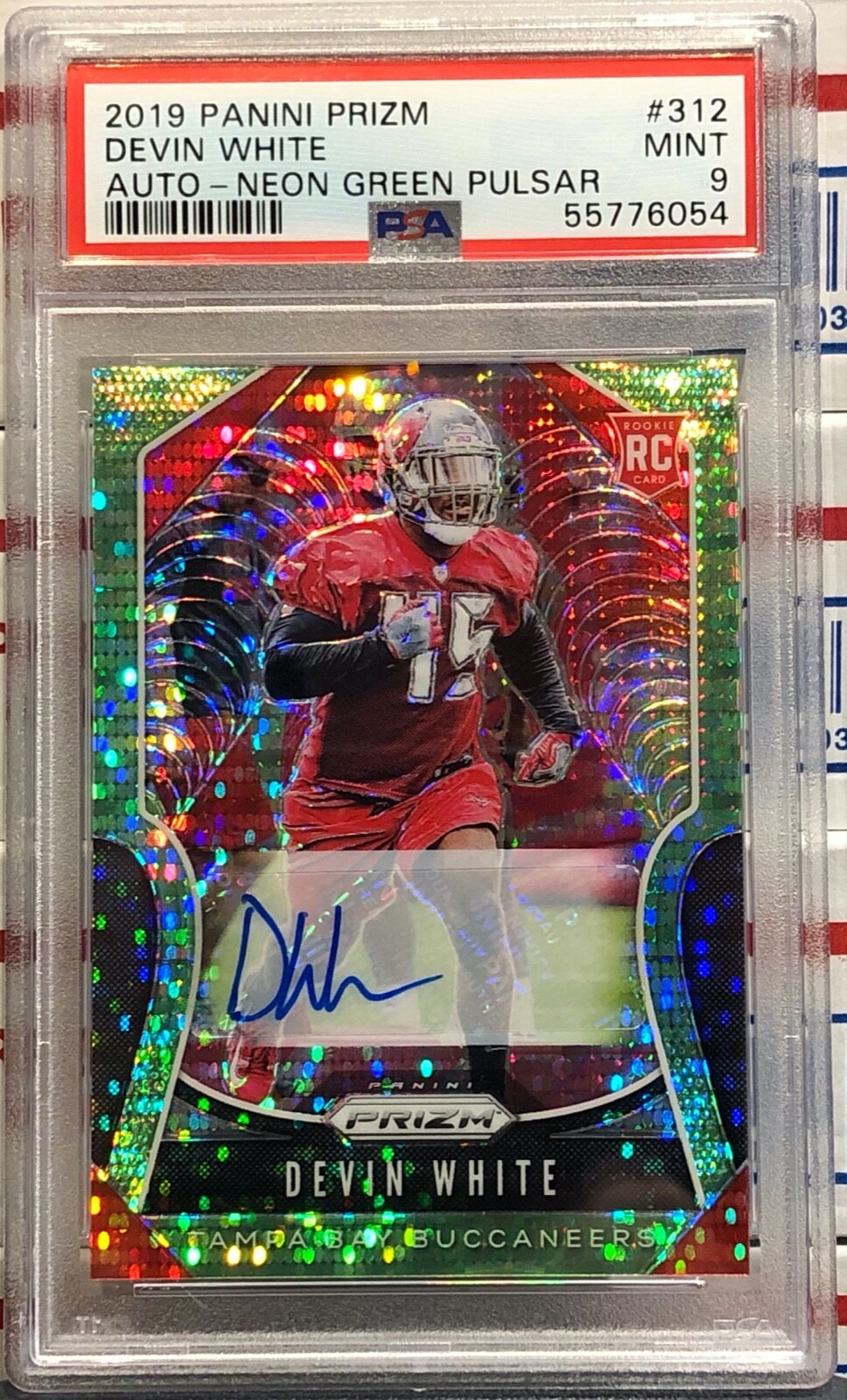 2019 PANINI PRIZM DEVIN WHITE, #312, AUTO, ROOKIE, NEON GREEN PULSAR, PSA MINT 9