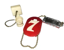 Vintage Novelty Keychains. Lot of 3 : Atom Harmonica, Seagrams 7 , Toilet Bowl