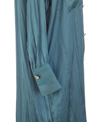 Zara Maxi Shirt Dress Satin Petrol Blue Gold Tone Buttons Patch Pockets M - Picture 11 of 15