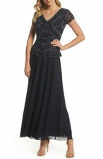 PISARRO NIGHTS BEADED V-NECK MOCK TWO PIECE NAVY GOWN sz 6