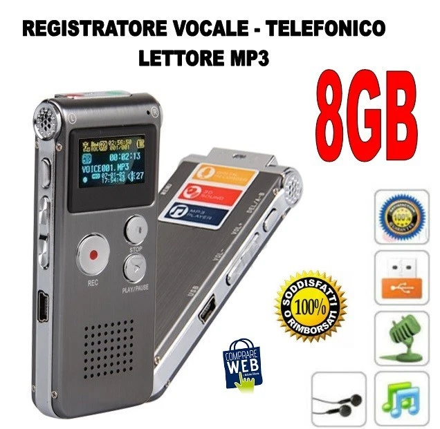 COMPRARE WEB REGISTRATORE VOCALE TELEFONICO LETTORE MP3 8GB MICROSPIA SPY DIGITALE