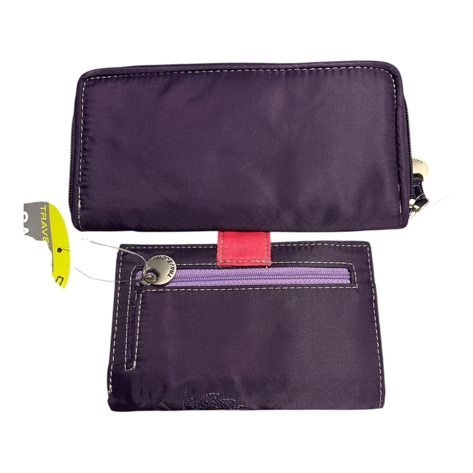 NUEVO CON ETIQUETAS Travelon Muñequera Billetera Par Púrpura con Rosa RFID Bloqueo Seguro Identificación Cremallera Viaje Foto 2 de 4
