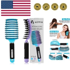 2 Pack Boar Bristle Hair Brush, Wet & Dry No Pull Curved Vented Hair Brush, S...