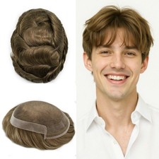 Mens Toupee French Lace Front Hairpiece Poly Skin PU Hair System Replacement Wig