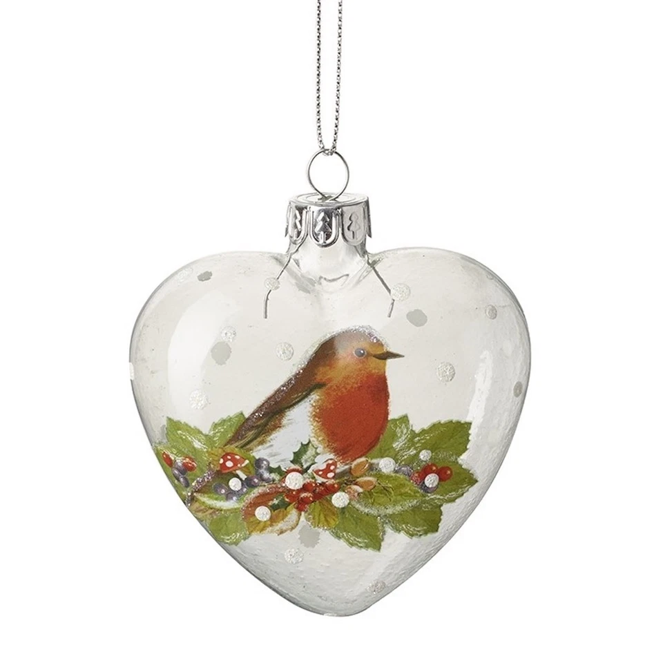 HEAVEN SENDS Robin Design Love Heart Shaped Glass Christmas Tree Bauble with Silver Twine