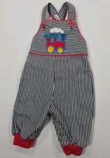 Vintage Health-Tex Baby Overalls 3 Months Blue Striped Train Embroidered