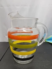 Vintage Fiesta Striped Glass Pitcher Anchor Hocking Clear Red Green Yellow 9" 