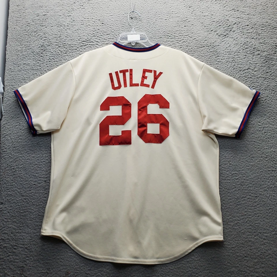Majestuosa camiseta de béisbol abotonada Philadelphia Phillies Chase Utley #26 tostada para hombre Foto 2 de 4