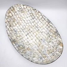 Mother of Pearl Mosaic Oval Aluminum Bowl Dish Centerpiece 12x8.5 in