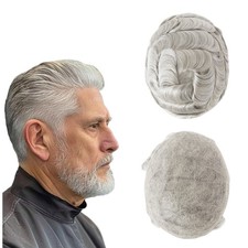 Mens Toupee Swiss Lace Human Hair Replacement Systems Grey Hair Pieces 580