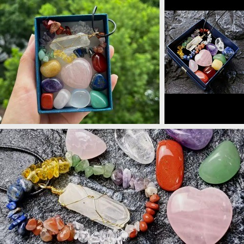 Anhänger mit Halskette Set Farbstein mehrfarbig Heilstein mit Geschenkbox
