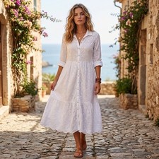 White Eyelet Midi Dress Sz M Romantic Coastal Euro Vacation Summer Beach Photos