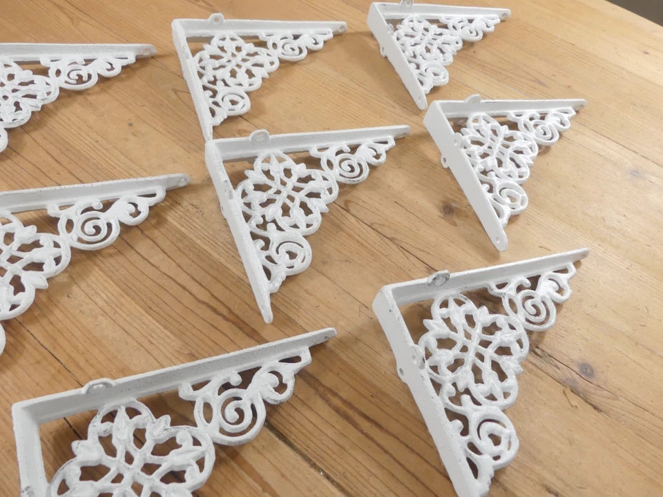8 soportes de estante de hierro fundido blanco envejecido soportes estantería 7 3/4" x 6 1/2" Foto 3 de 4