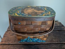 Vintage 1970's Hand Painted  Signed Wood Woven Basket Purse Boho Classic