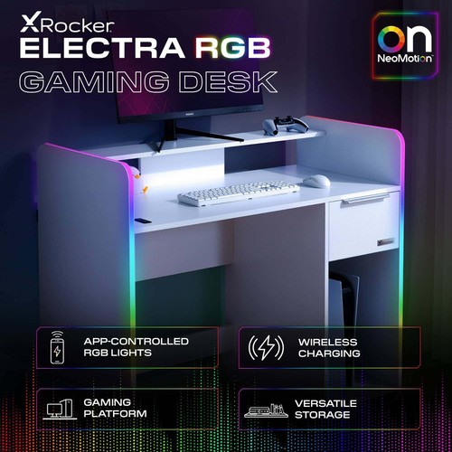 X ROCKER Electra PC Gaming Desk Drawer App Control LEDs Wireless Charging White - Picture 2 of 10