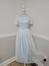 VTG'50s Prom Formal Blue Taffeta/White Lace Dress /Mid Century Dress/Metal Zip