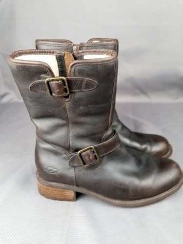 UGG Chaney Women Shoe Size 7 Brown Leather Biker Boots Buckle Casual Winter - Picture 2 of 24