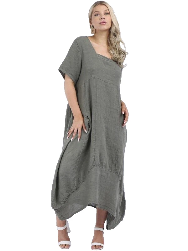 Italian Lagenlook Linen Dress One Size UK 10-16 Balloon hem Pockets Khaki Green