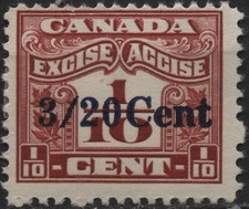 Canada 1915 #FX50 3/20c Cent on 1/10c carmine Excise Tax - 2 leaf MH